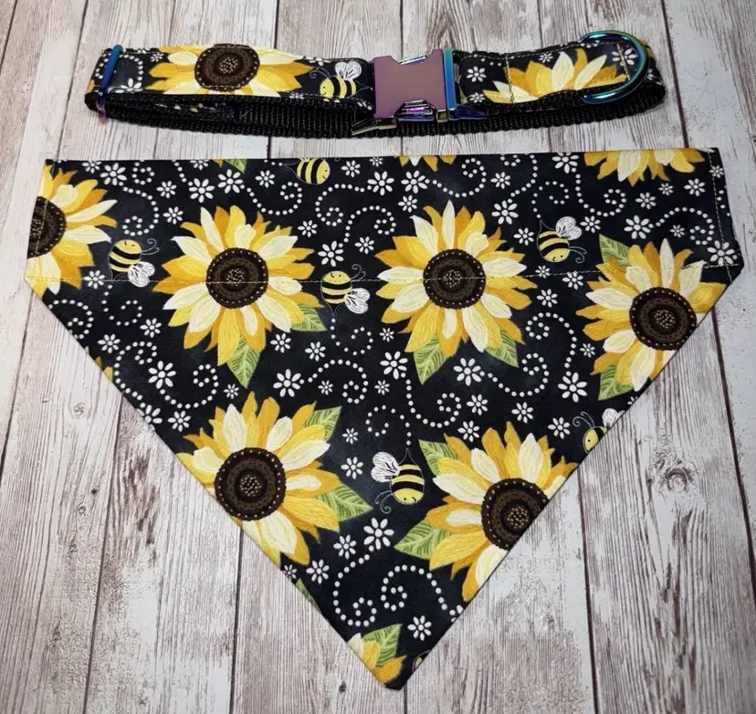Dog Collar & Bandana Yellow Sunflower Print Large Handmade Heavy Duty NEW
