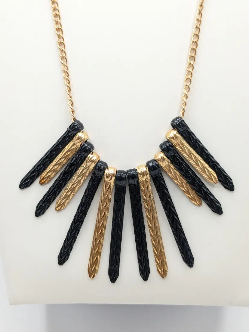 Gold Tone Black Enamel Tribal-Style Necklace