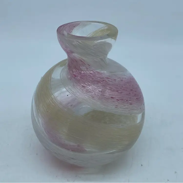 #1201 Vintage art glass Bud Vase with pink, gold, and white swirls  5.5” x 3.5”