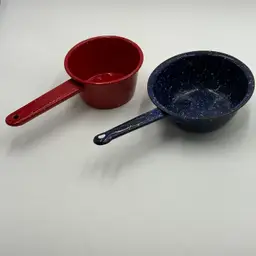 Red & Blue Speckled Enamelware Small Pots Camping Country Decor