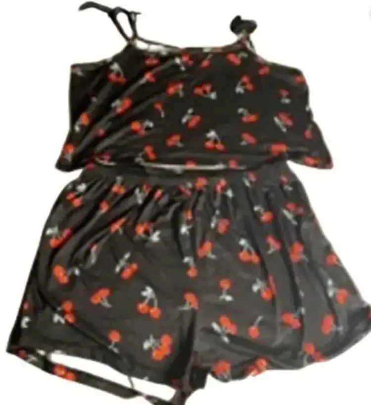 Y2K Cherry Print Pajama Set Black Sleepwear Cami Top & Shorts Women’s 2XL