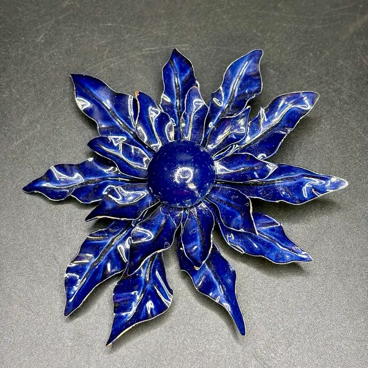 Large Dark Blue Navy Enamel Flower Poinsettia Brooch Pin 3.5"