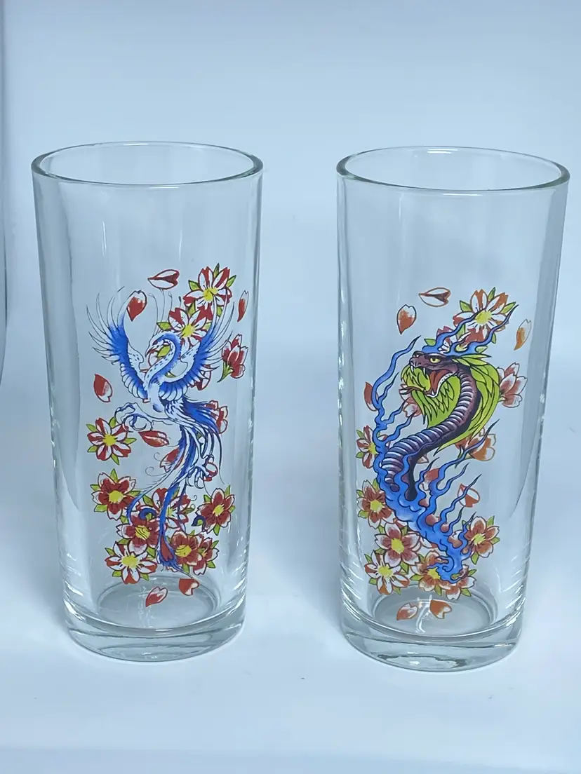 2 Ed Hardy Highball or Tall Drinking Glasses, 6.25" Tall S