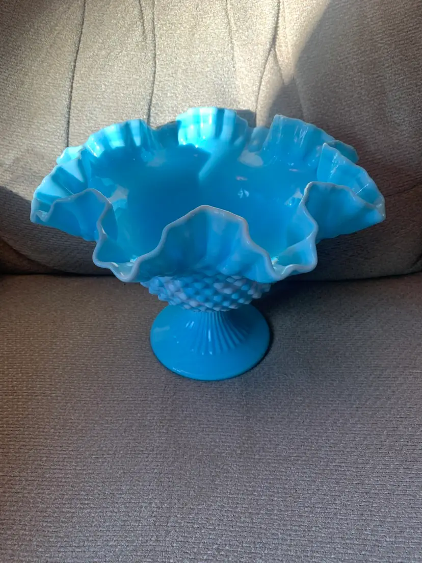 Fenton Blue Swirl Hobnail Fluted Compote 9 1/2 X 4 Inches