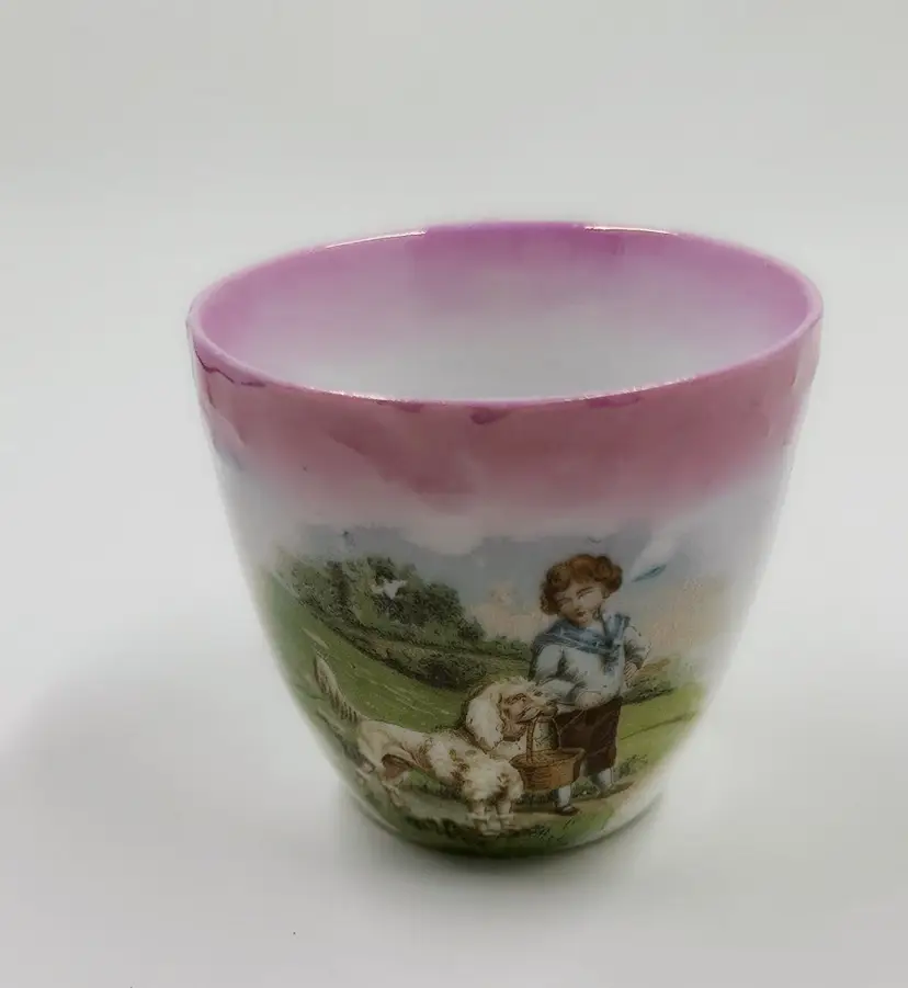 Antique Vintage Childrens Tea Cup Boy With Dog Pink And White 2” Tall