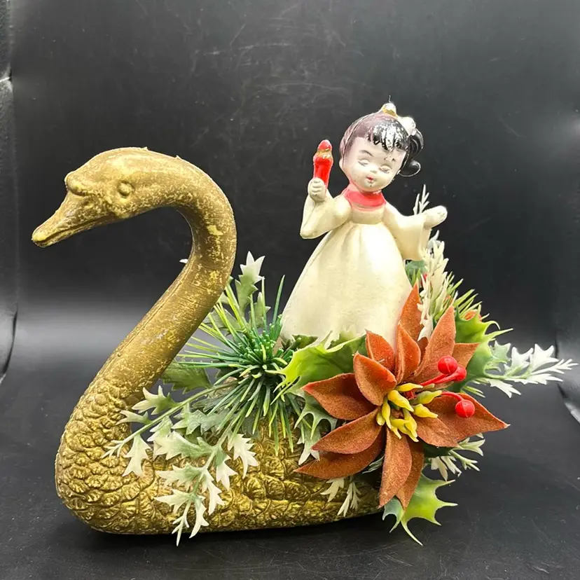 Vintage Christmas Girl on Goose Plastic Decoration 6”