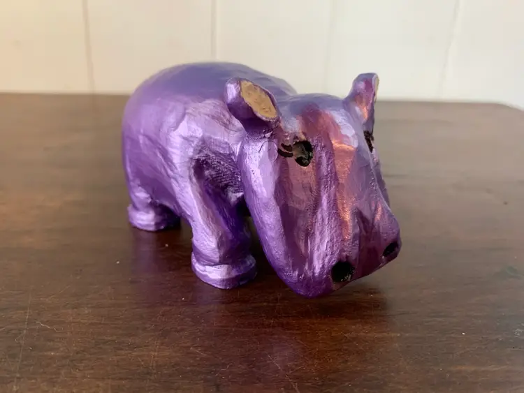 Carved Wooden Purple Hippo, Hand Painted, House Hippo