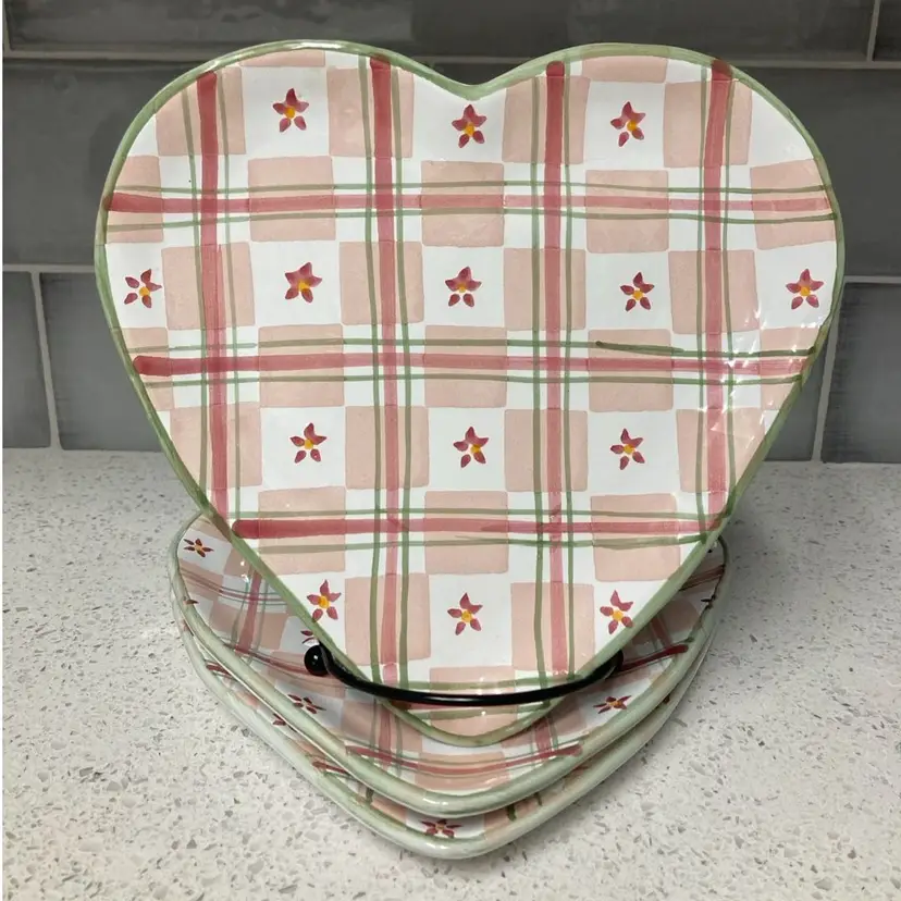 MESA International Pink Blush Green Check Heart Shaped Pottery Plates-set of 3