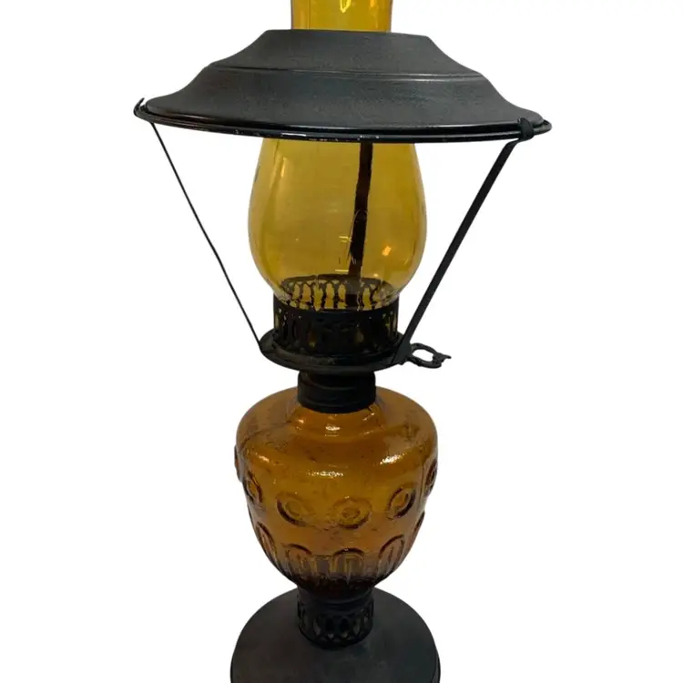 Vintage Amber Glass Hurricane Oil Lamp Metal Shade Scalloped Chimney 16.25"