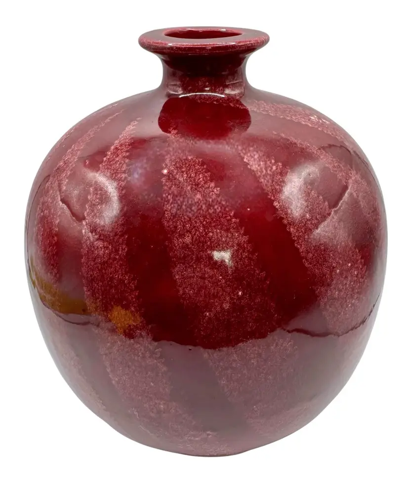 Signed Fay Studio Art Pottery Burgundy Red Vase Ceramic Round Leaf Fern 7.5”