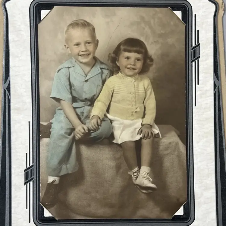 Vintage Cute Children Boy Girl Siblings Color Tinted Portrait Photo Art Deco