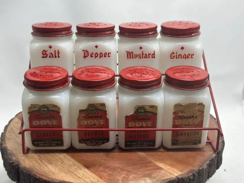 The Frank Tea & Spice Co Milk Glass DUTCH Spice Jar Set of 8 With Metal Rack