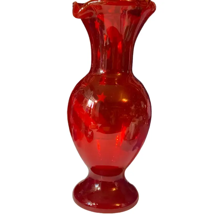 #25 Vintage Red Basket Vase With Amber Or Gold Colored Glass handle Very Unique 12.5” Tall With Handle Gorgeous Piece