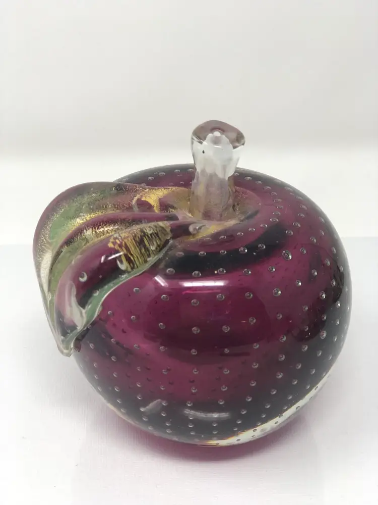 Amethyst Glass Apple Paperweight with Bullicante and Gold Leaf