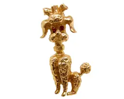 Fab 14k Gold French Poodle Pin Red Stone Eyes Figural Brooch