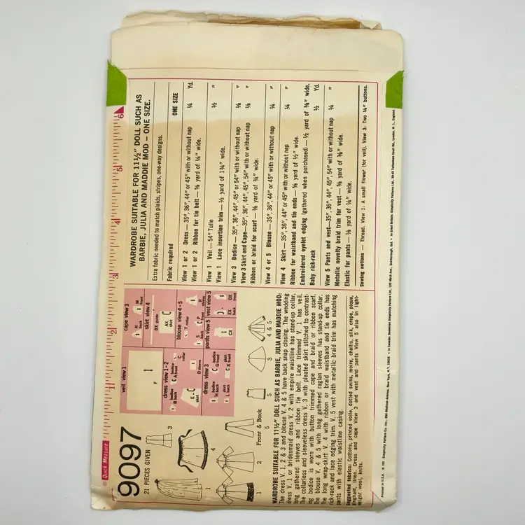 *SALE* Simplicity 9097 Gown 11.5” Doll Sewing Patterns 1970