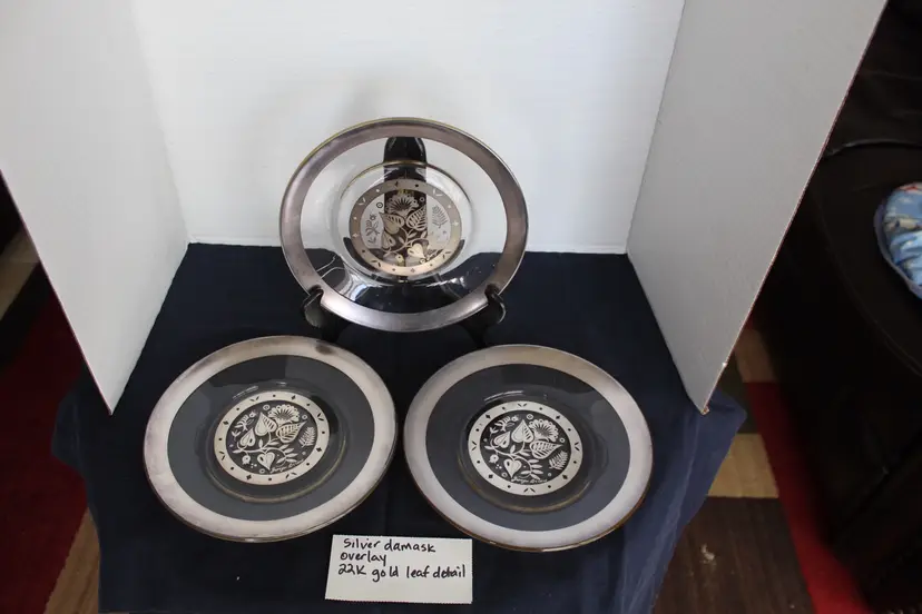 Vintage Georges Briard Set Of 3 Silver Overlay Botanical Patterned Motif Dishes