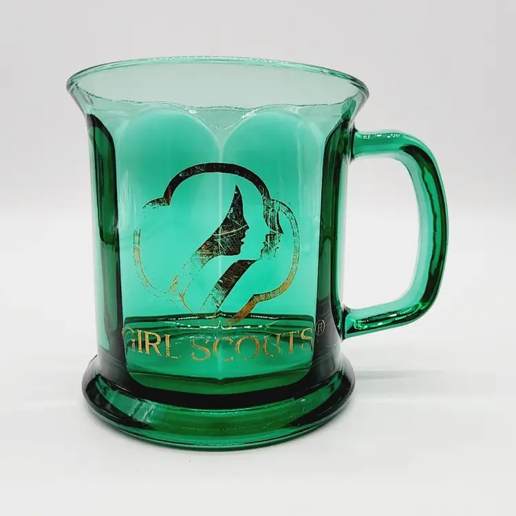 Vintage Girl Scouts Green Glass 10 oz Coffee Mug With Logo - Made in USA