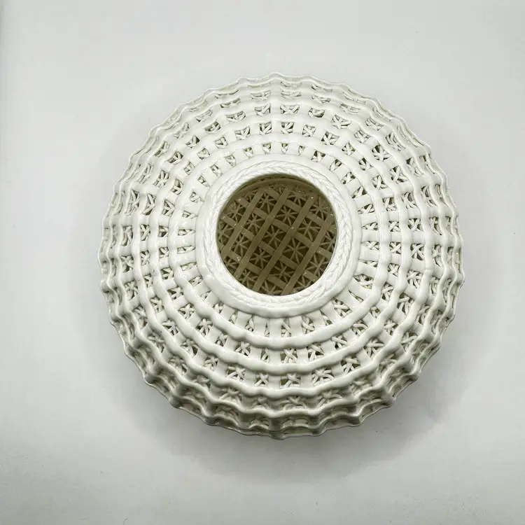 Vintage 1900-1940’s Milk Glass White OpenWicker Weave Porcelain Basket Vase Candleholder Diana Cyan Design, Made in Germany