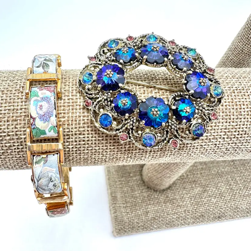 Blue Stone Brooch Floral Bracelet Gold Tone Bridgerton Inspired Jewelry Lot