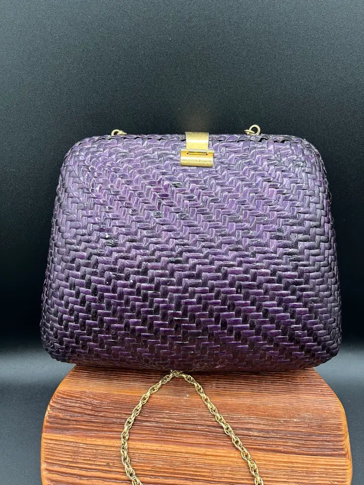 #27 Vintage Italian Garfinckels MCM 1950'S Purple Rattan Woven Chain Link Shoulder Purse Clutch 10” 👛