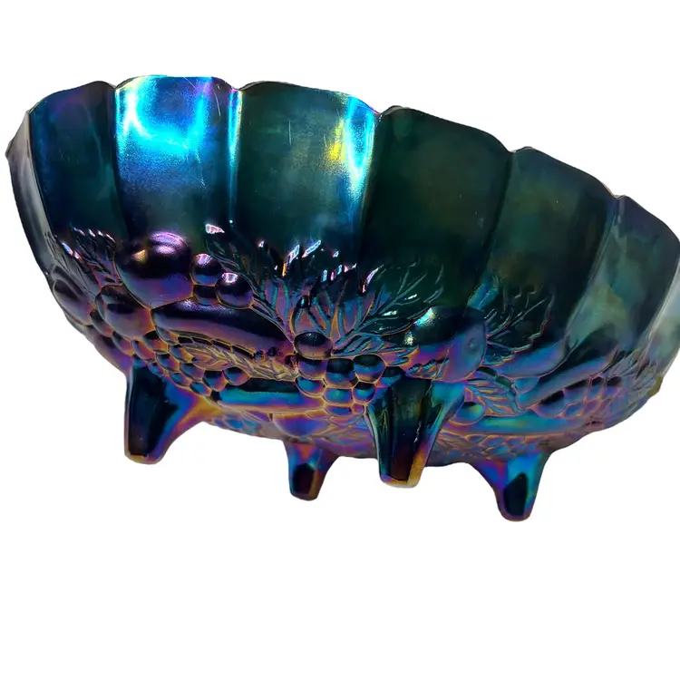 038 Vintage Indiana Glass Blue Heavily Iridescent Carnival Glass Lg Fruit Console Bowl