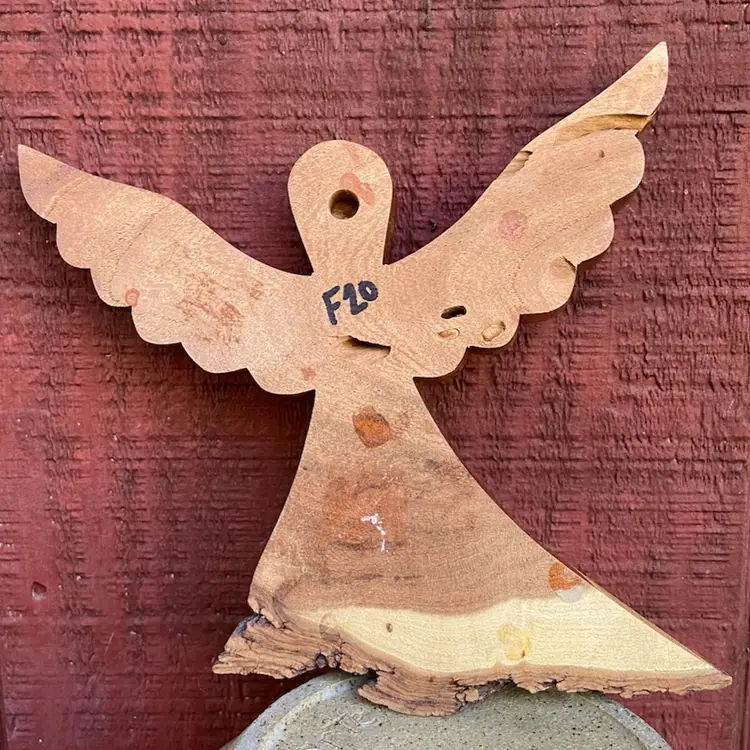 Handmade Wooden Angel With Bark Edge. Hole On Back For Hanging. 8”w.