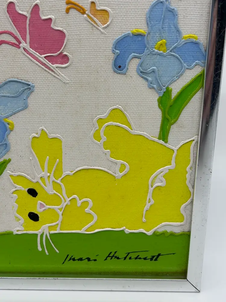 Shari Hatchett Original Framed Yellow Cat Playing W Butterflies Signed Acrylic