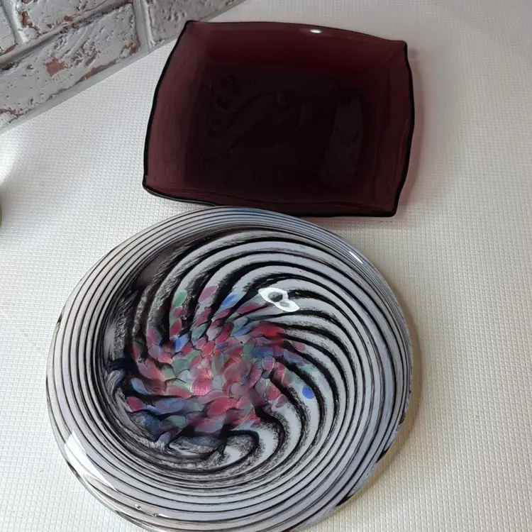 Whimsical Glass Disk Abstract And One Square Purple Plate