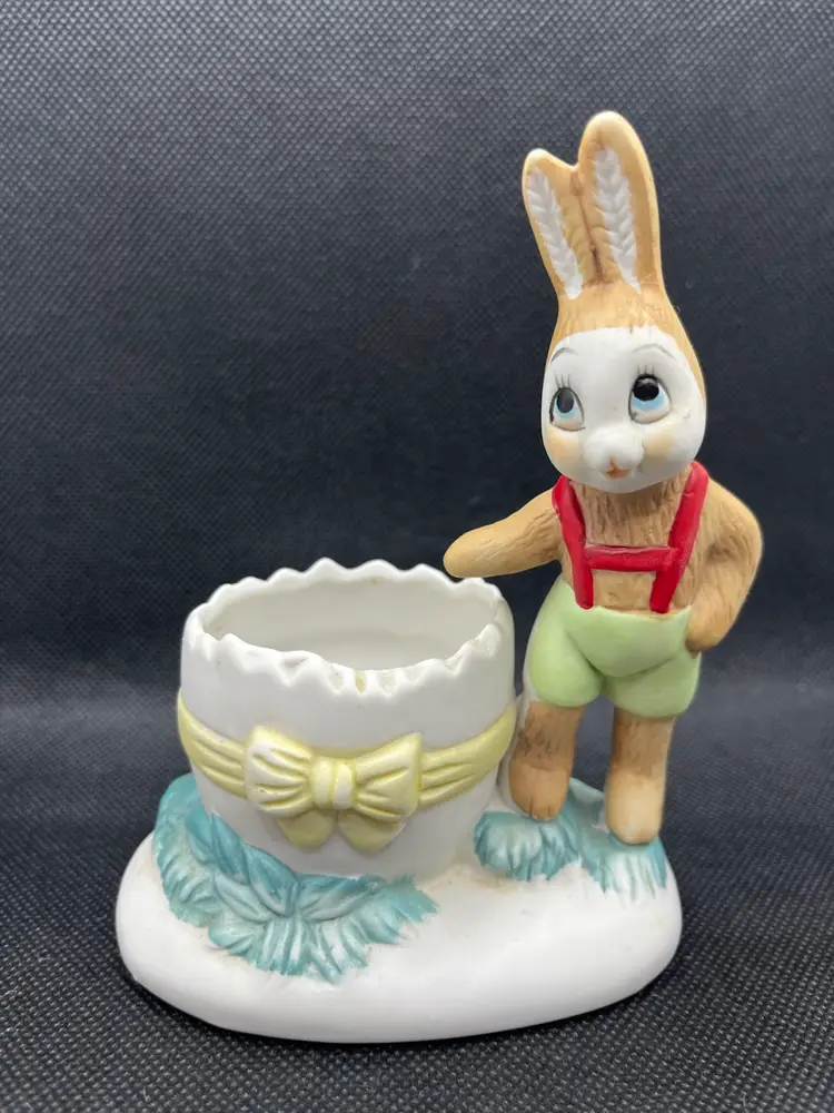 Vintage ceramic Easter bunny figurine with cracked egg cup planter
