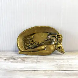 Solid Brass Art Nouveau Nude Woman Trinket Dish: Vintage 4.75" Figural Ashtray  (0026-25)