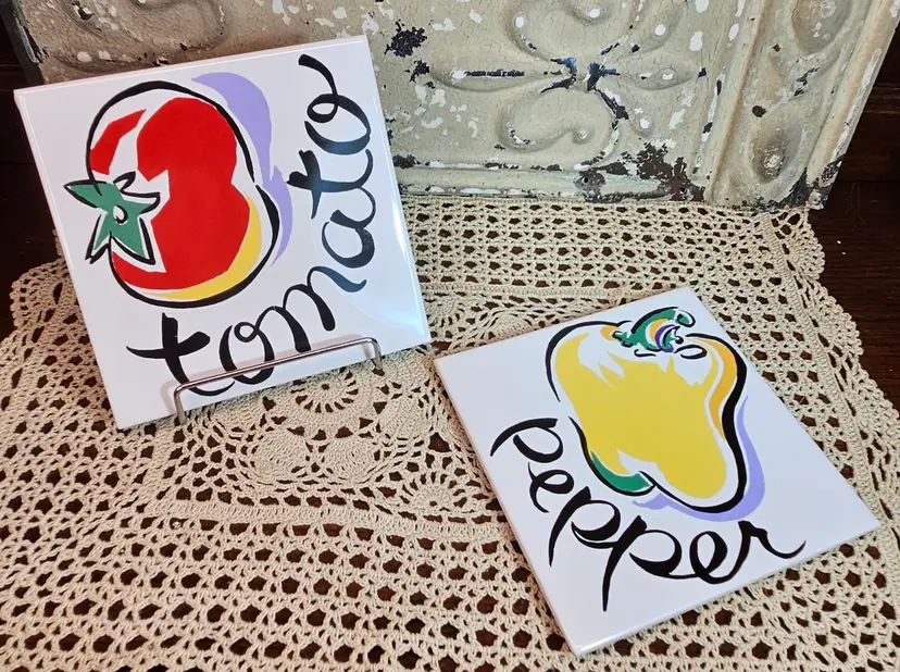 Pair of Portuguese Tile Trivets Hand Crafted Art Ceramic Pepper Tomato Cork Back