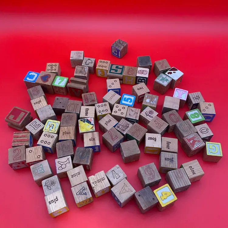 Vintage Wooden Children's Toy Blocks - Mixed 79 Block Lot - Letters Numbers More
