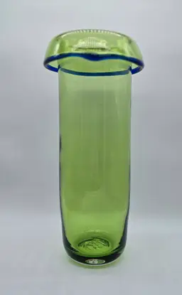 HTF Blenko Rolled Rim 9924 Kiwi/Cobalt Vase by Matt Carter 12.75" x 5.75" bottom etched Blenko 2001