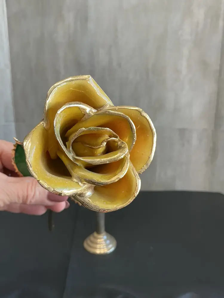 Handcrafted enameled long stem rose yellow with green leaves and 24k gold trim 1970s-90s
