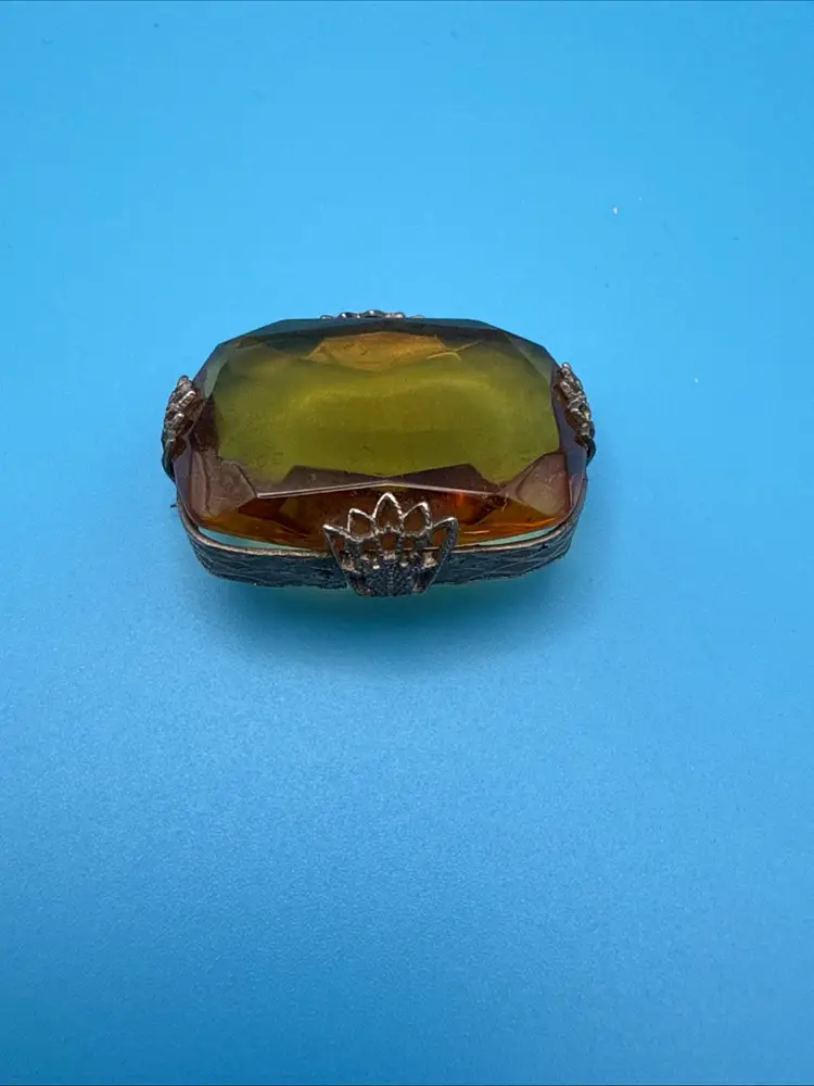 Vintage Czechoslovakian Amber Glass Faceted Silver Brooch