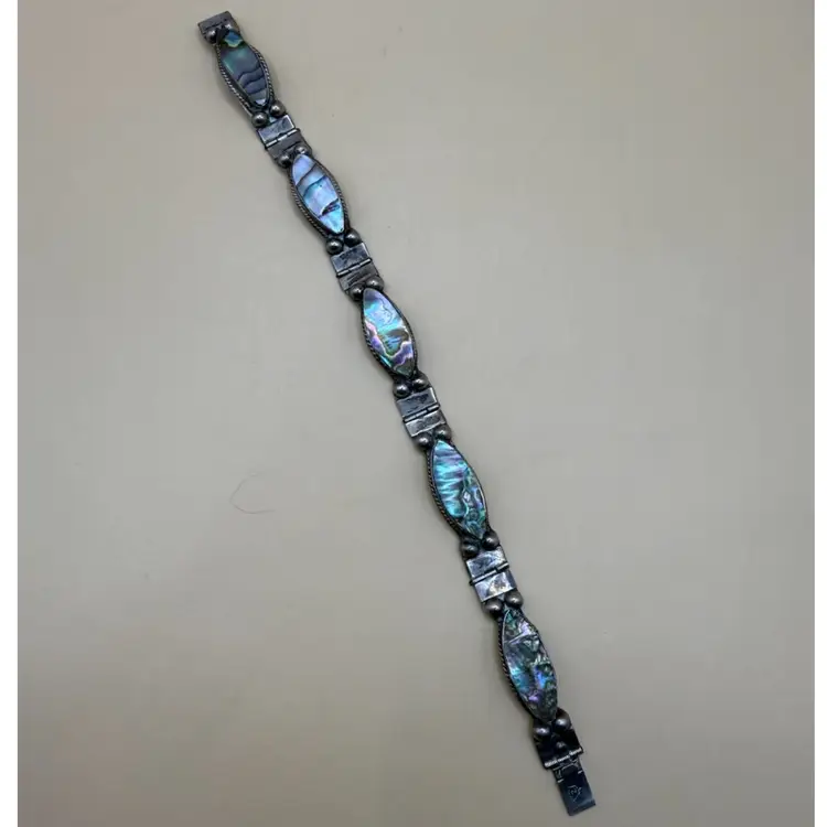 Mid Century Mexican Silver Hand Crafted Abalone Shell Link Bracelet 7.25”