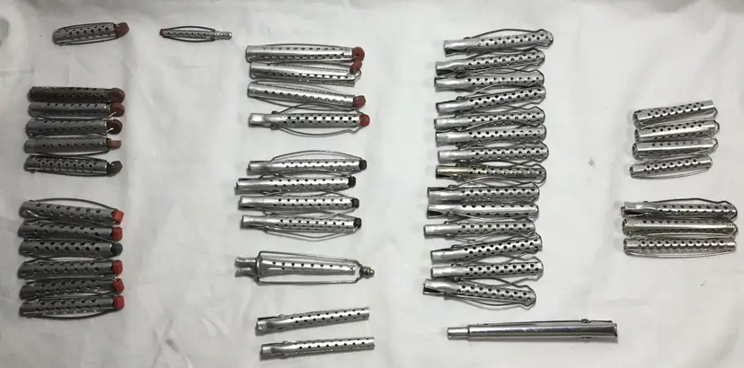 Vintage hair rollers, '40s, '50s, aluminum, lot of 46, Goody, Solo, Tip-top