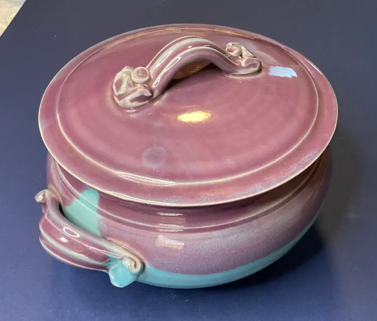 #01 Beautiful purple and teal Randy Pearsall studio pottery steamer, 10” round and handles, 5” high to rim and 7” opening.