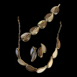 Thermoset Grayish Tan Bracelet Clip On Earring and Necklace Set