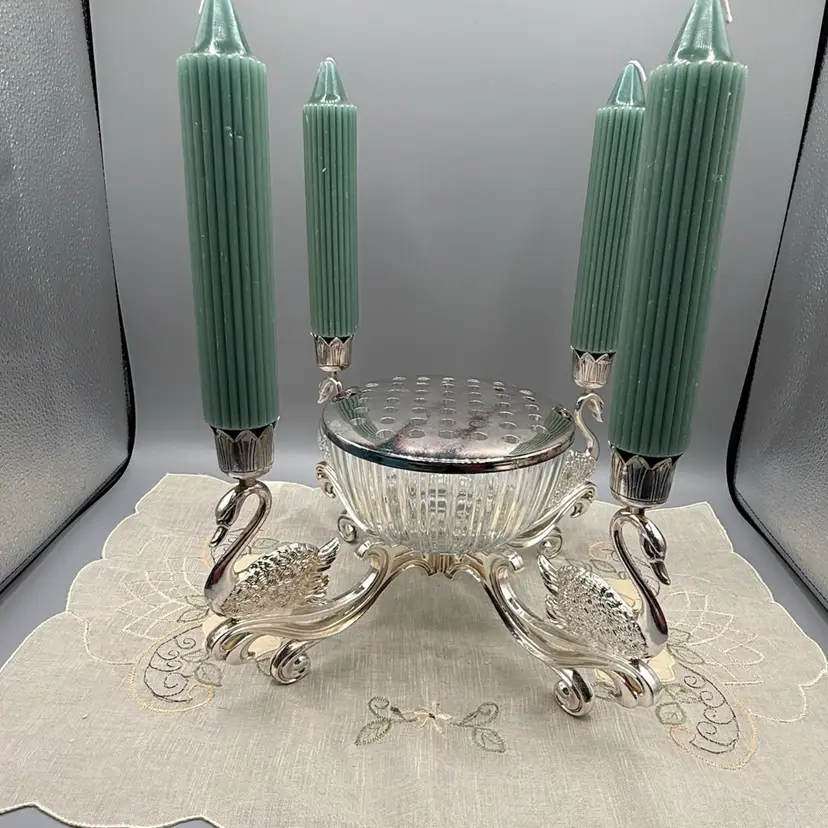 Vintage Godinger Silver Plated 4-Arm Swan Candelabra Centerpiece with Crystal Bowl & Flower Frog