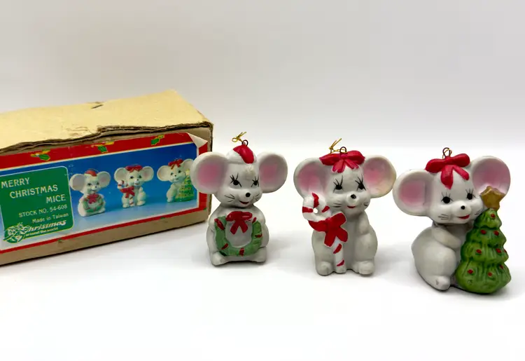 Vintage 1970’s Merry Christmas Mice Ornaments, Set of 3, By Christmas Around The World, Made in Taiwan, MPN 54-608, Original Box