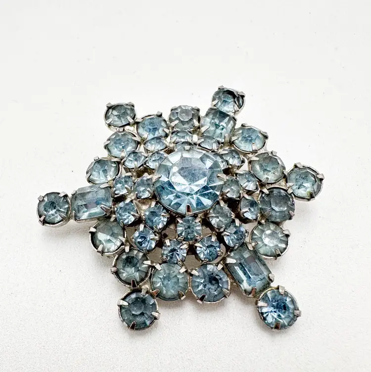 Icy Blue Rhinestone Snowflake Brooch Silver Tone Replaced Pin 2"D