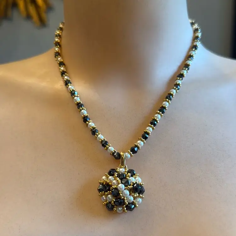 Vintage MCM Hematite & Faux Pearl Handmade GoldTone Necklace 16”