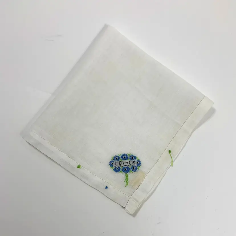 Blue Embroidered Mother Linen Handkerchief Gift Cottage Core Vintage 1950s READ