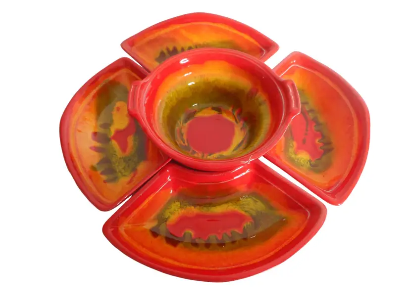 Vtg MCM Mid Century Lazy Susan Serving chip dip Set Calif Pottery drip glaze