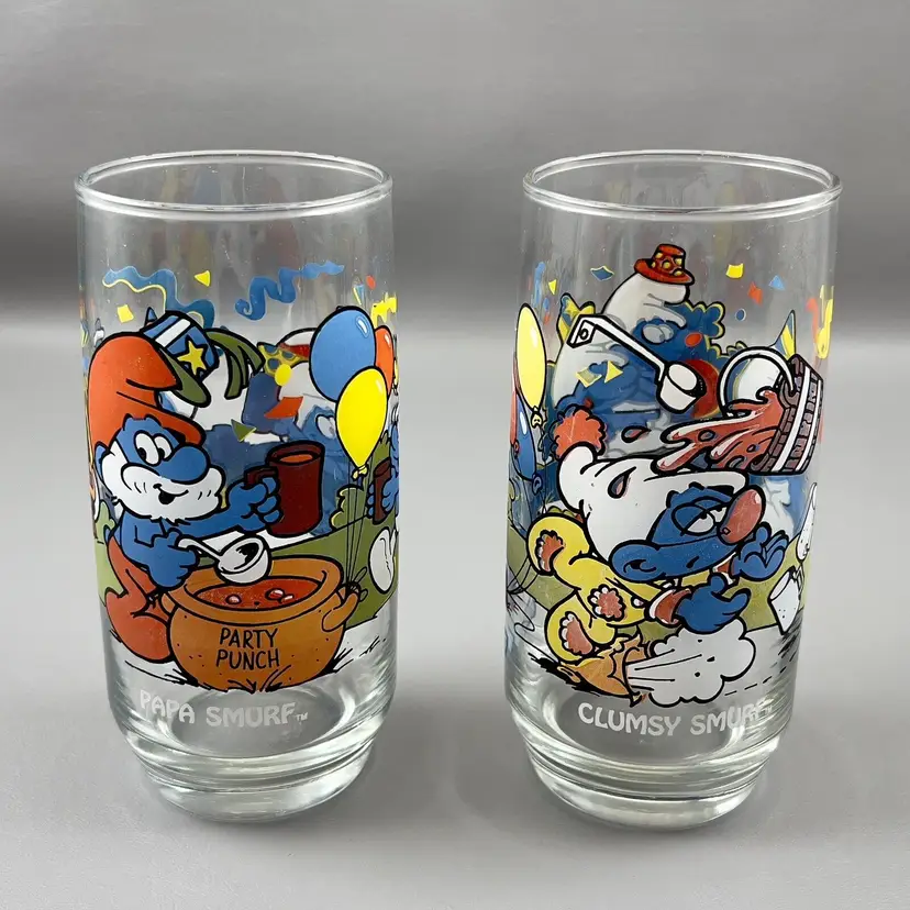 Papa Smurf Clumsy Smurf Drinking Glasses 1983 Peyo Libbey Smurfs