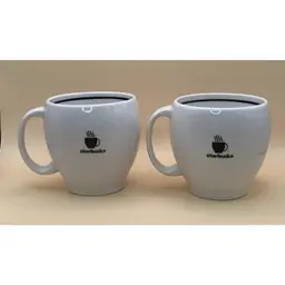 2 VTG Starbucks Abbey “Steaming Coffee Cup” Mugs 2004. 14oz. White With Black Trim And Image