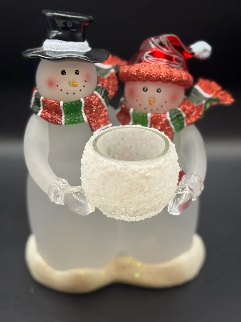 Frosted Glass Mr & Mrs Snowman Votive Holder