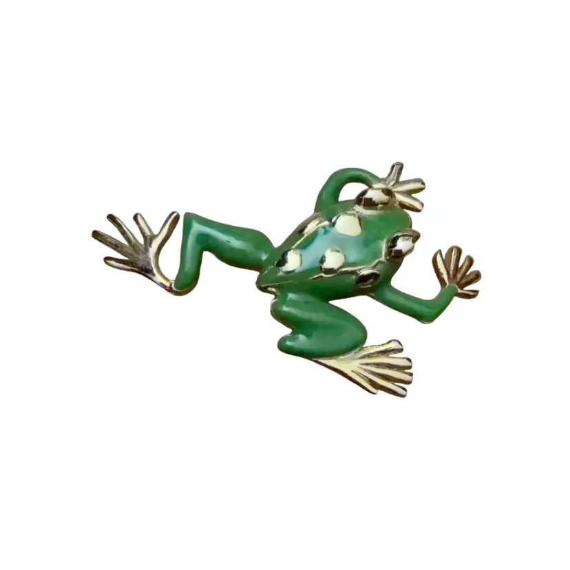 Vintage Green Enameled Frog Brooch Gold Tone Gold Polka Dots